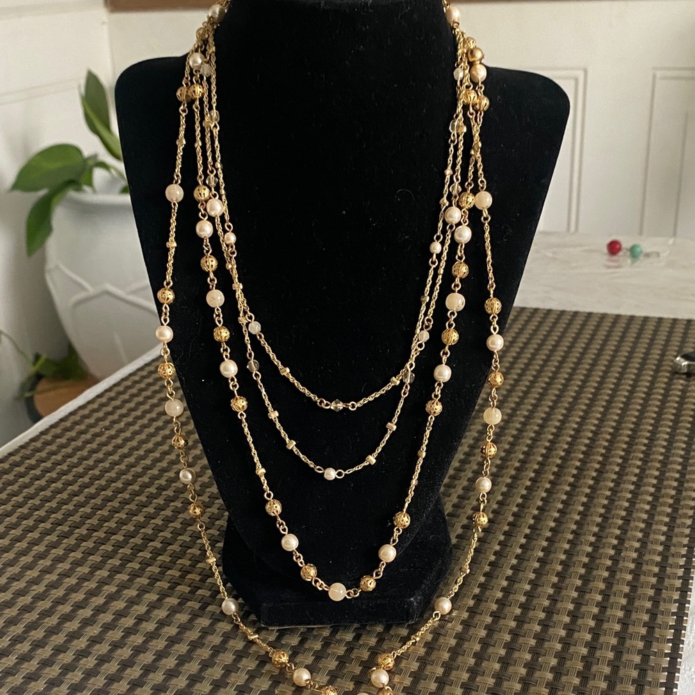 Layered Gold-Tone Necklace with Pearl Accents